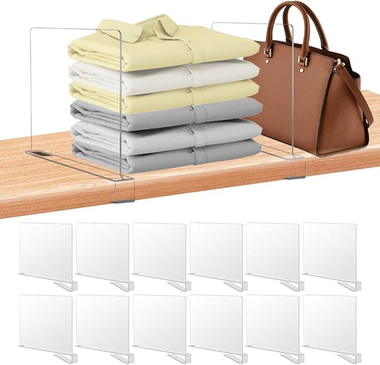 12 Pack Acrylic Shelf Dividers for Closet Organization, Purse Organizers for Closet, Clothing Dividers, Handbag Organizers for Shelves Separator Clear