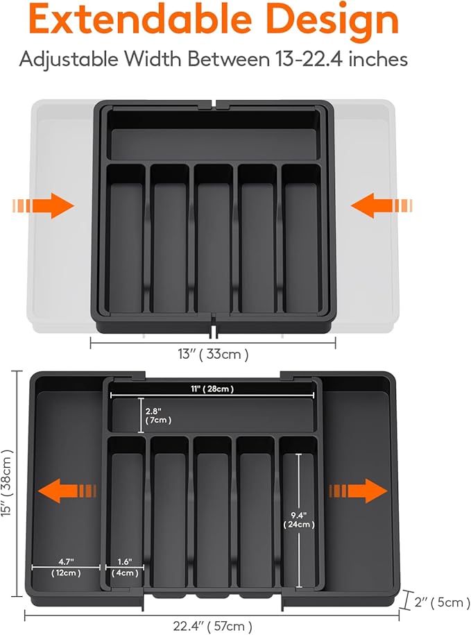 Lifewit Silverware Drawer Organizer, Expandable Utensil Tray for Kitchen, BPA Free Flatware and Cutlery Holder, Adjustable Plastic Storage for Spoons Forks Knives, 2 Pack, Black