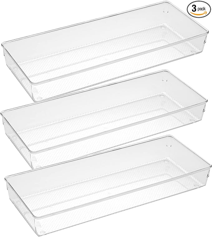 ihomecooker 3 Pack Clear Plastic Drawer Organizer Tray Cutlery Utensil Makeups Drawer Organizers 15" X 6"
