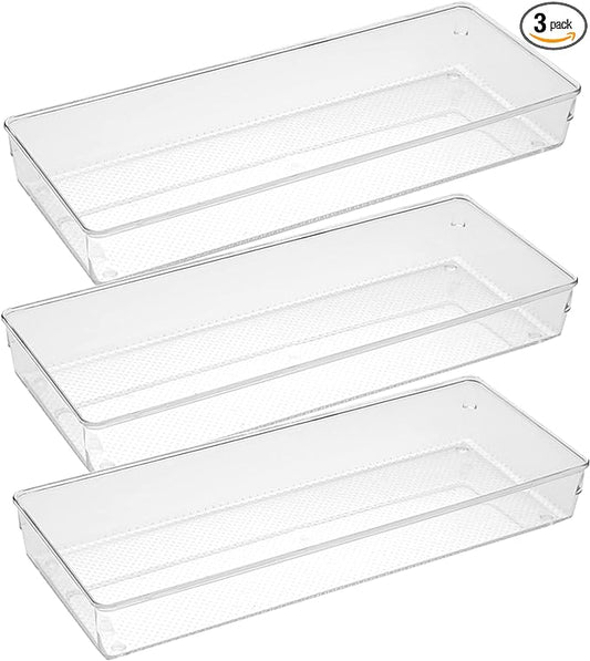 ihomecooker 3 Pack Clear Plastic Drawer Organizer Tray Cutlery Utensil Makeups Drawer Organizers 15" X 6"