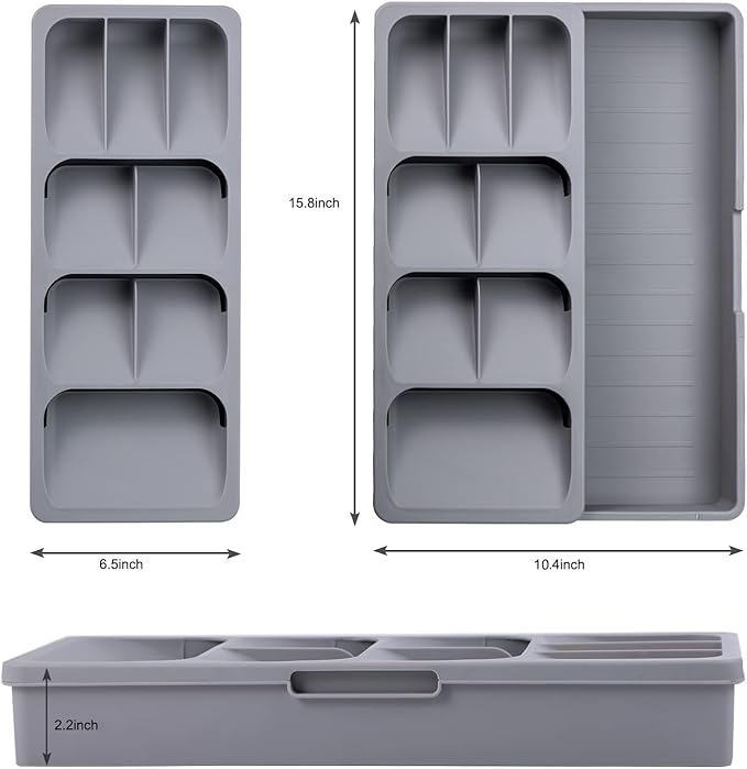 Faridabio Silverware Drawer Organizer Set of 2, Expandable Cutlery Tray for Kitchen, Adjustable Utensil Tray Cutlery Holder, Compact Plastic Storage for Spoons Forks Knives, Grey