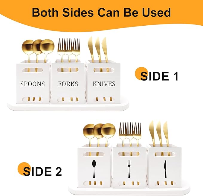 Ayiaren Wooden Flatware Silverware Caddy White Cutlery Holder with Wood Tray Utensils Holder for Kitchen Counter Wood Silverware Organizer for Table Countertop Knife Fork and Spoon Holder for Party
