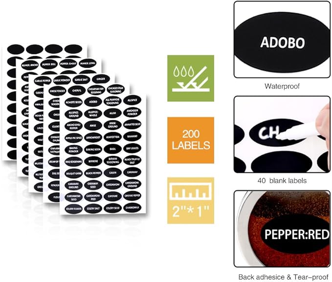 16 Magnetic Spice Tins, 200 Spice Labels, 4 Stainless Steel Measuring Spoons Magnetic Spice Containers Organizer Storage Condiment Jar Set of 16, Clear Lid, Sift and Pour