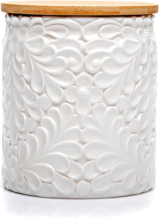 Small Engraved Ceramic Kitchen Canister - Storage Jars with Airtight Lids Made from Bamboo with Nature-Inspired Engraving - Use as a Pasta Holder, Coffee Ground Holder, Rice Container - 30 Ounces