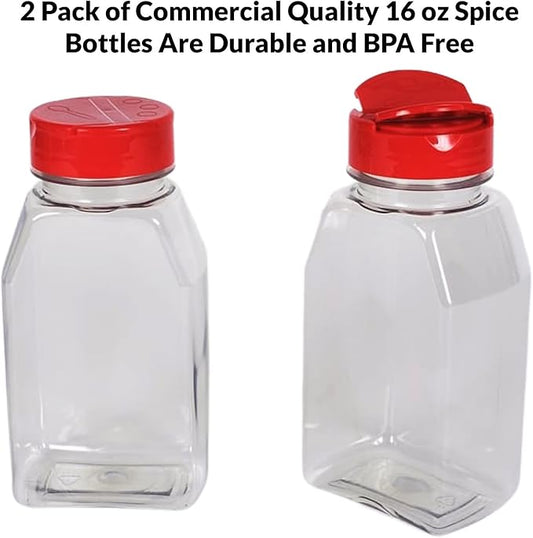 Skyway Supreme Large 16 OZ Plastic Spice Bottles Seasoning Containers Jars - Flap Cap Pour and Sifter Spice Shaker - Refillable Perfect For Storing Dispensing Herbs BBQ Rub - BPA Free - Set of 2