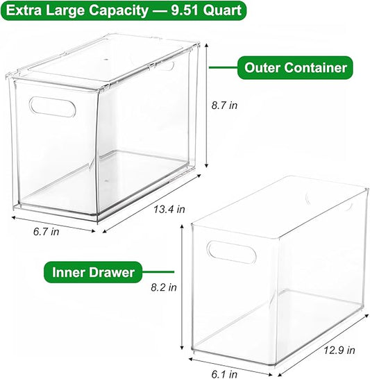 Taiuloo Stackable Refrigerator Organizer Bins with Pull-Out Drawer, Clear BPA-Free Food Storage Containers for Fridge Freezer, Kitchen Pantry Cabinet & Bathroom Vanity Organization, 9.51Quart