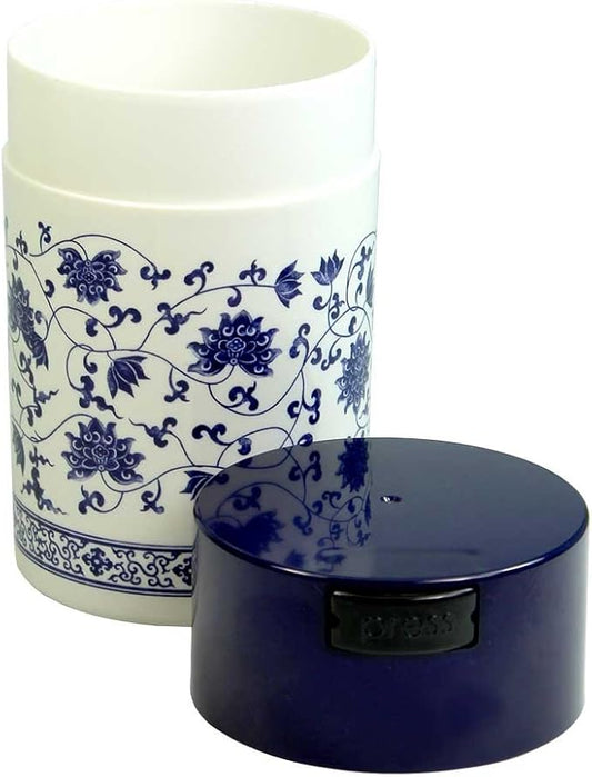 Teavac 6-Ounce Vacuum Sealed Tea Storage Container, Blue Cap and White Body/Floral Design