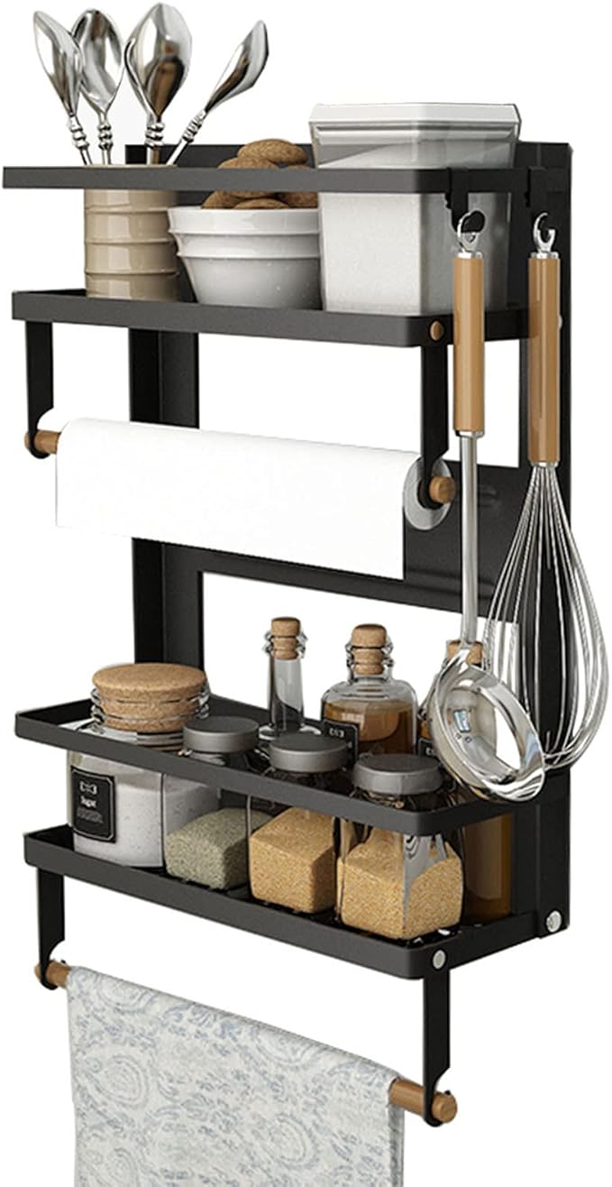 EASTTOWEST Magnetic Spice Rack,4 Tier Kitchen Magnetic Shelf for Refrigerator Fridge Organizer with 2 Paper Towel Holders and 5 Removable Hooks,Matte Black