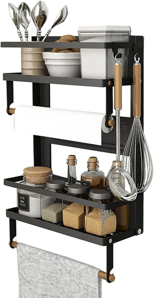 EASTTOWEST Magnetic Spice Rack,4 Tier Kitchen Magnetic Shelf for Refrigerator Fridge Organizer with 2 Paper Towel Holders and 5 Removable Hooks,Matte Black