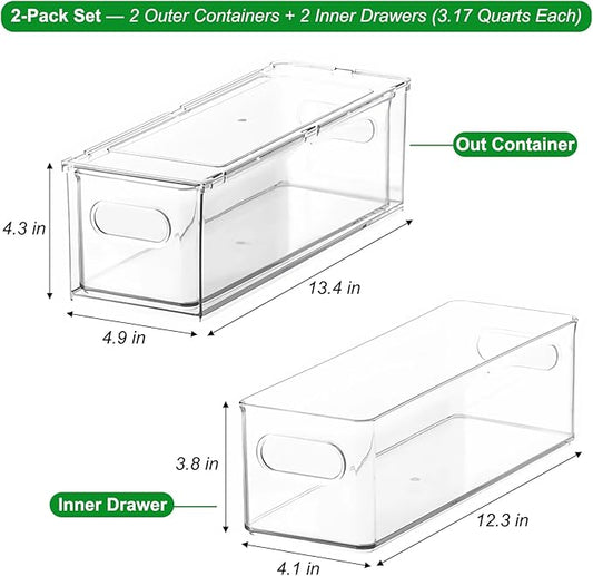 Taiuloo 2 Pack Stackable Refrigerator Organizer Bins with Pull-Out Drawer, Clear BPA-Free Food Storage Containers for Fridge Freezer, Kitchen Pantry Cabinet & Bathroom Vanity Organization