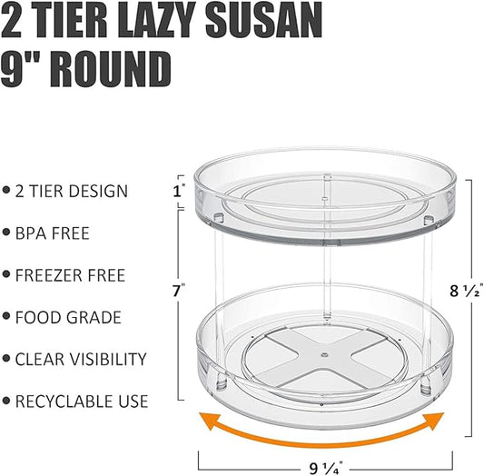 Lazy Susan Round Plastic Clear Rotating Turntable Organization Storage Container Bins for Cabinet Pantry Fridge Kitchen Vanity Spinning Organizer for Spices Condiments (2-Tire-1-Pack, 9 inch)