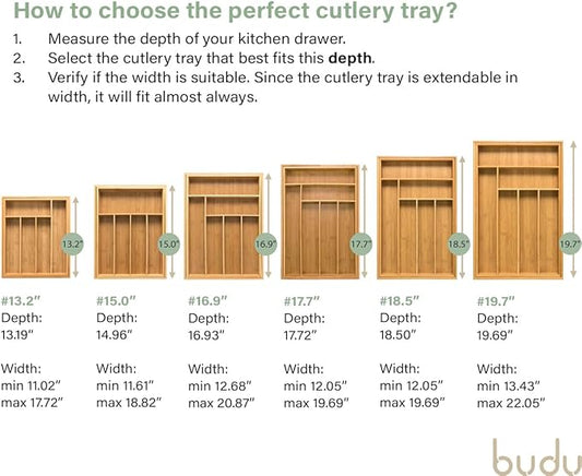 budu Silverware Drawer Organizer #18.5" Depth – Utensil Holder, Kitchen Drawer Organizers for Flatware, Cutlery – Perfect Utensil Organizer for Silverware & Other Kitchen Organization Tools & Storage