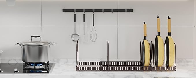 Pot And Pan Organizer Under Cabinet, Expandable Pans and Pots Organizer Rack Pot Lid Holder Shelf with 12 Different Size Dividers (12 Brackets-Brown)