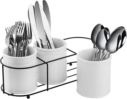 Bekith 3-Piece Ceramic Silverware Caddy with Metal Rack, Utensil Holder Flatware Caddy Cutlery Storage Organizer for Kitchen Table, Cabinet or Pantry