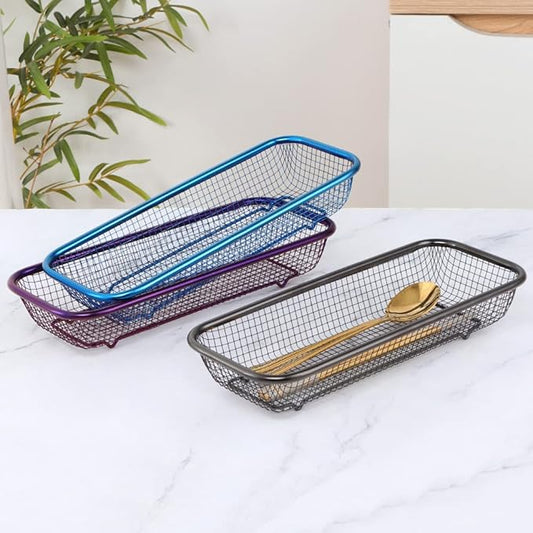 Kitchen Flatware Drawer Organizer, 2pcs Stackable Mesh Cabinet Storage Basket, Stainless Steel Kitchen Utensils Filter Drying Rack Holder for Knives, Fork, Spoon Chopsticks (Black)