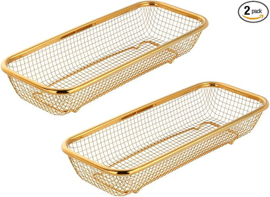 Kitchen Flatware Drawer Organizer, 2pcs Stackable Mesh Cabinet Storage Basket, Stainless Steel Kitchen Utensils Filter Drying Rack Holder for Knives, Fork, Spoon Chopsticks Gold