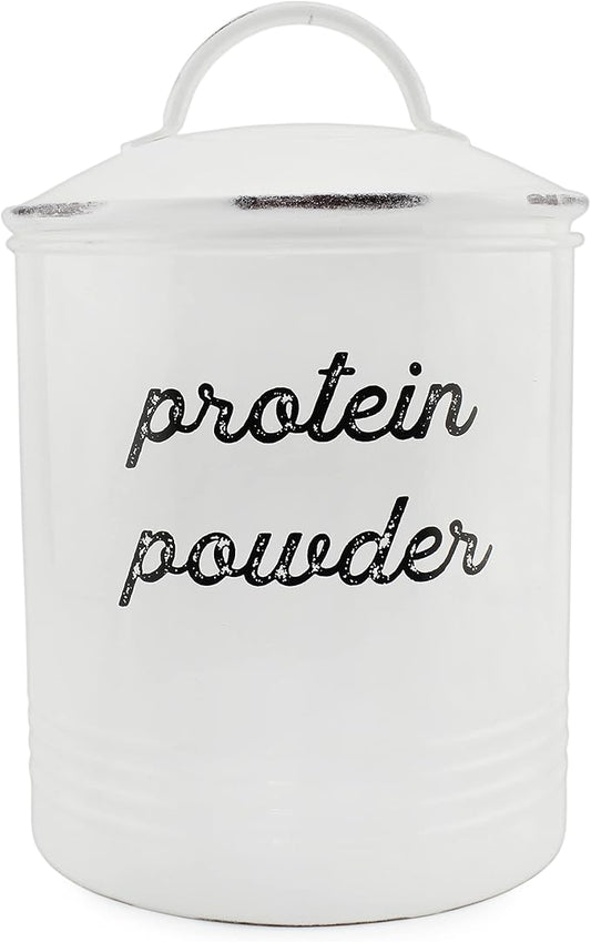 AuldHome Design Enamelware Protein Powder Canister; White Rustic Distressed Style Storage for Kitchen