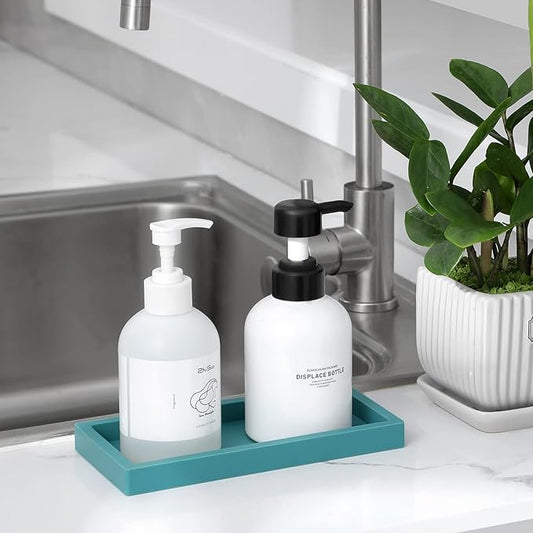 Small Silicone Bathroom Vanity Tray Rectangle Soap and Sponge Holder Kitchen Sink Organizer for Scrubber, Lotion Bottles, Perfume, Jewelry, Candle, Key Trinket Ring, Turquoise