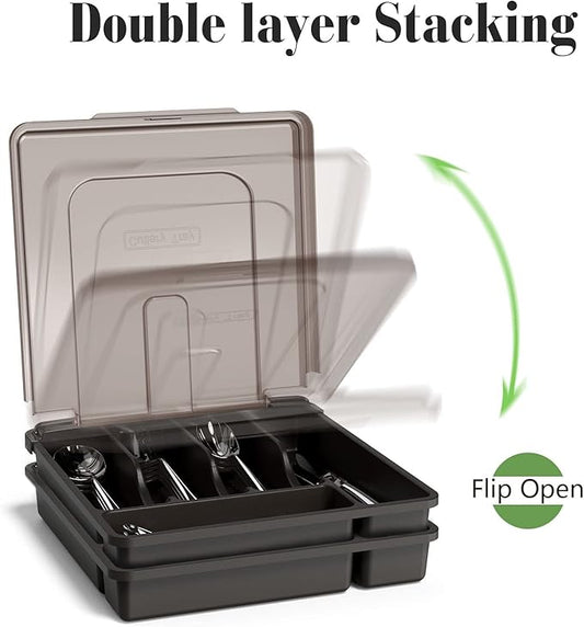 Silverware Holder with Lid, Double Layer Utensil Tray with Cover Large Flatware Organizer Plastic Cutlery Container for Kitchen Drawer Countertop 10 Compartments,Black