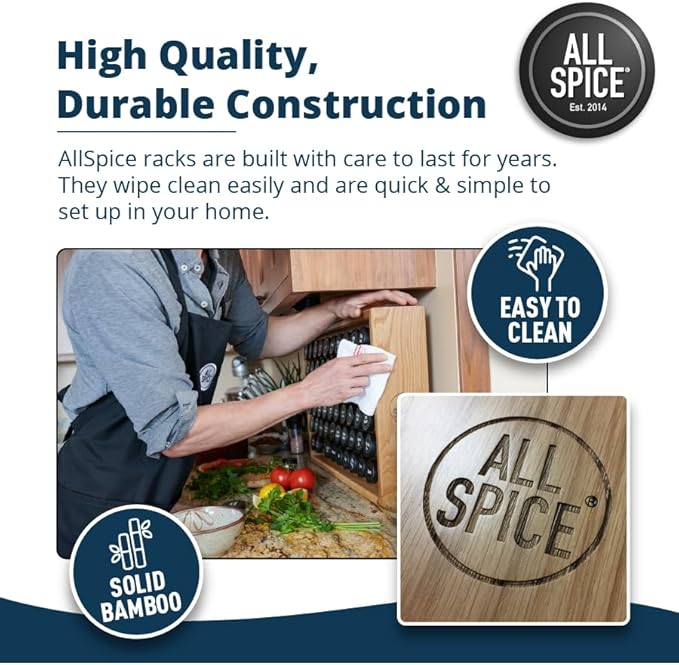 AllSpice Wood Spice Rack Organizer, 525 Unique Labels, Countertop or Wall Mount, Includes 30 4oz Jars- Matte White