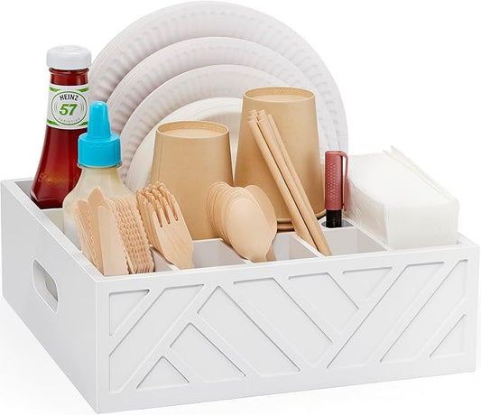 Utensil Holder for Party-Paper Plate Organizer for Countertop, Rustic Wood Silverware Caddy with 7 Compartments for Plate, Cup, Fork, Spoonpicnic Caddy for Plates and Utensils-White