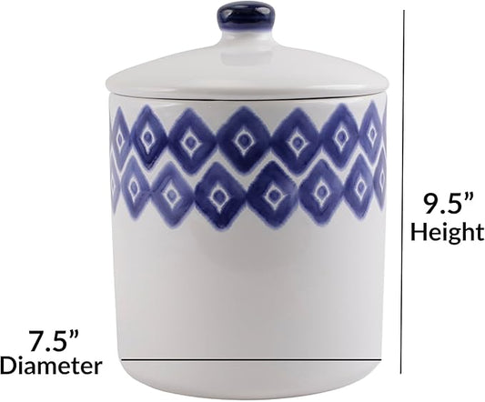 Vietri Viva Santorini Diamond Large Canister Elegant Ceramic Earthenware Kitchen Storage Jar with Lid 7.5 Inch Blue White