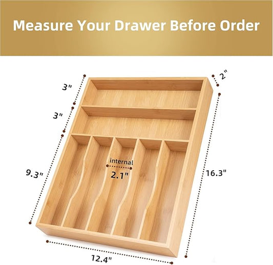 Bamboo Kitchen Drawer Organizer, 13 Inch Silverware Organizer with Extra-deep Grooved Divider, 7 Slots Pure Bamboo Wood Caddy for Flatware Cutlery Knives, Forks, Spoons