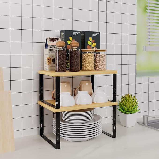 Cabinet Organizer Shelf, Spice Rack, Adjustable Height, Stackable and Nesting Shelves,Metal and Solid Wood, for Multiple scenarios in The Kitchen, Office or Closet (Black)
