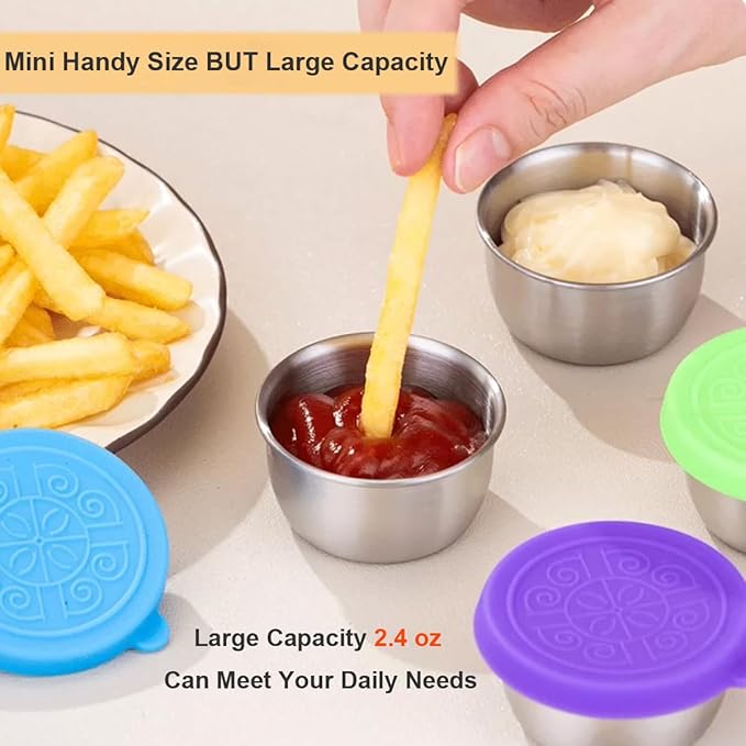 18 Pack Salad Dressing Container To Go 2.4oz Small Condiment Containers with Leakproof Silicone Lids Reusable Stainless Steel Sauce Cups for Office Lunch Bento Box Picnic Meal Prep Travel Party