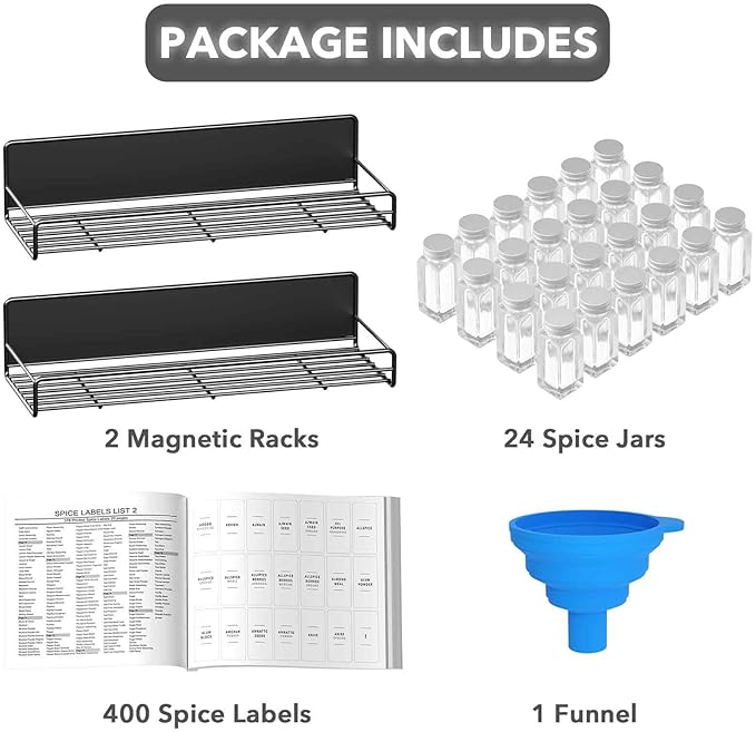 SpaceAid 2 Pack Magnetic Spice Rack with 24 Spice Jars, 400 Labels and Funnel, Space Saving Refrigerator Fridge Oven Shelf Organizer