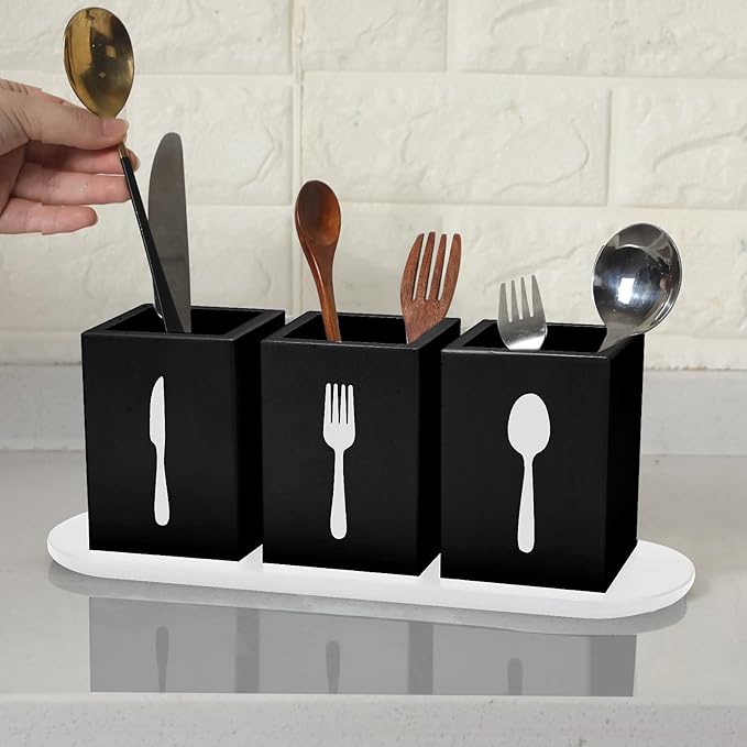 Kathfly 4 Pcs Silverware Caddy Utensil Holder for Countertop Silverware Organizer with Wood Tray Spoon Fork Holder 3. 15 x 3. 15 x 4. 53 Inches of Each Organizer for Kitchen Parties(Black)