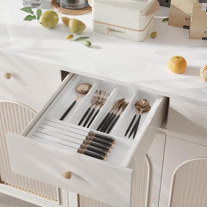 Silverware Drawer Organizer Bamboo Knife Organizer Drawer Insert Expandable Utensil Holder for Kitchen Drawer Flatware Holder W12.8-20.2" x L16 x H2 (White)