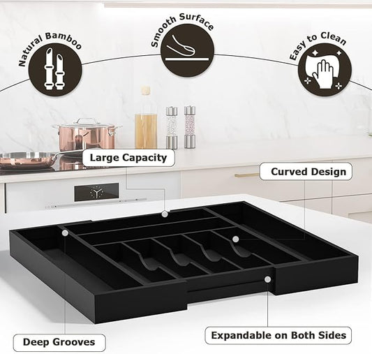 Utensil Organizer Silverware Drawer Organizer - Bamboo Expandable Cutlery Tray with Dividers for Utensil Holder Office Storage Makeup Desk Drawer Tool Organization W13.5"-19.5" x L17.5" x H2.5"(Black)