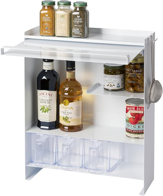 Yamazaki Home Tower Seasoning Condiments Spice Rack With Door, Large Kitchen Multi-Tier Metal Shelves - Steel