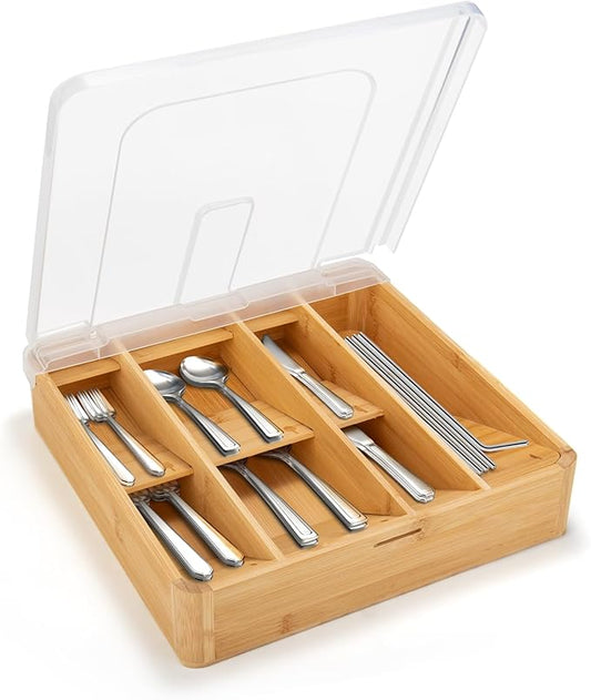 Bamboo Silverware Tray with Lid, 7 Compartments Compact Bamboo Utensil Organizer for Kitchen Drawers Countertop, Dust-proof Sturdy Flatware Organizers and Storage Holder with Labels