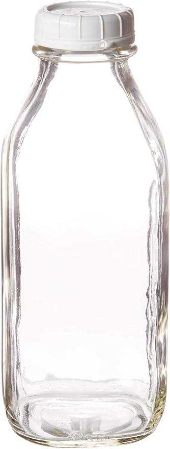 The Dairy Shoppe Heavy Glass Milk Bottle - Jug with Lid and a Silicone Pour Spout - Clear Milk Container for Fridge - Reusable Glass Milk Jug Dispenser - Made in USA (33.8 oz, 1 Pack)
