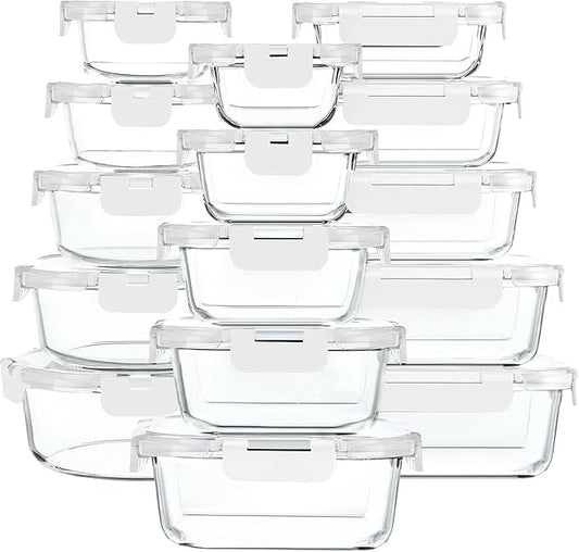 M MCIRCO 30 Pieces Glass Food Storage Containers with Upgraded Snap Locking Lids,Glass Meal Prep Containers Set - Airtight Lunch Containers, Microwave, Oven, Freezer and Dishwasher Friendly (White)