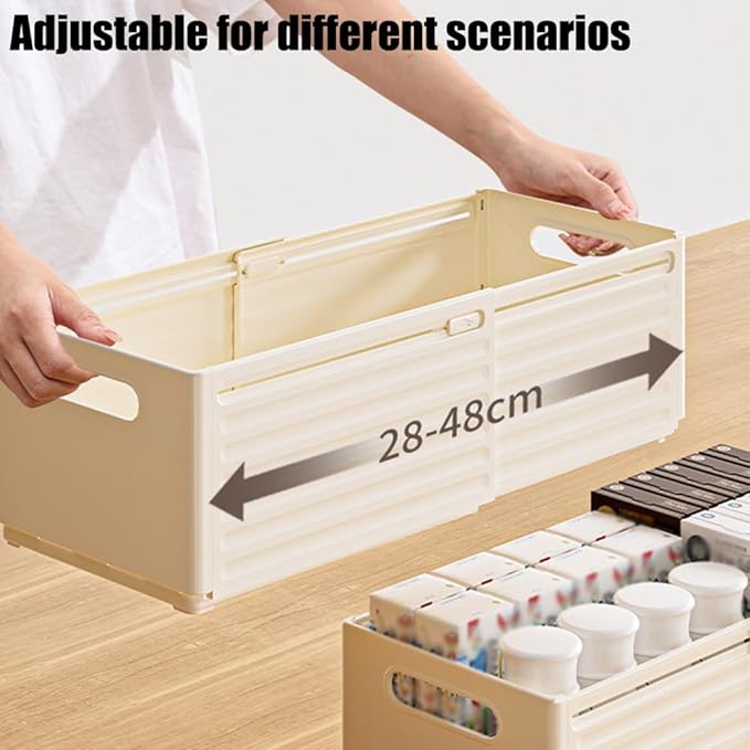 Foldable Storage Bins, Plastic Expandable Boxes for Organizing, Adjustable from 11-18.8" Drawer Organizers Separators Dividers for Bedroom Kitchen Utensils Tools Closet, Small White