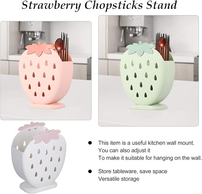 AKOAK 1 Pack Strawberry Chopsticks Stand, Cutlery Storage Box, Suitable for Storing Spoons, Chopsticks, Spoons, Knives and Other Kitchen Utensils (Creamy White)
