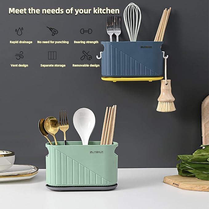 Kitchen Cutlery Drainer Utensil Holder Cutlery Storage Box Wall-Mounted Tableware Storage Holder Utensil Caddy Flatware Organizer Countertop (White)