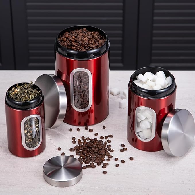 Transparent Red Canisters Sets of 3 Pieces For The Kitchen,0.9/1.6/2.9 Quarts Stainless Steel Coffee Sugar Tea Candy Storage Jars with Window for Home Kitchen Decoration and Accessories