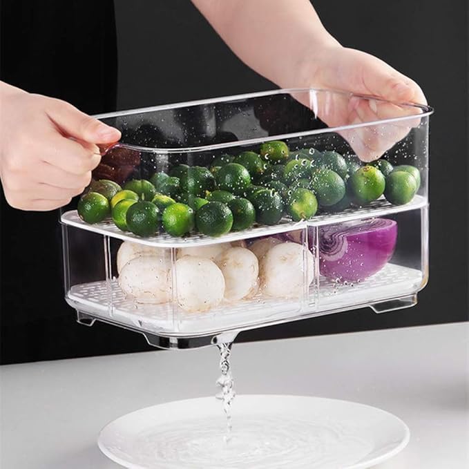 SANNO Vegetable Fruit Storage Containers, Food Storage Containers Fridge Produce Save, Stackable Refrigerator Organizer Keeper Drawers Bins Baskets with Lids and Removable Drain Tray