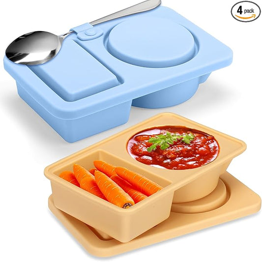 Palksky Silicone Snack Container with Lids, 4Pack 2/Tow/Double Compartment Snackle Box Containers, Reusable Condiment Containers, Small Mini Food Snack Boxs