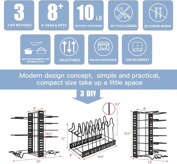 Adjustable Pots and Pans Organizer Rack for Cabinet, Metal Pans Pots Lids Storage Holder Rack with 3 DIY Methods for Kitchen, Counter,Black