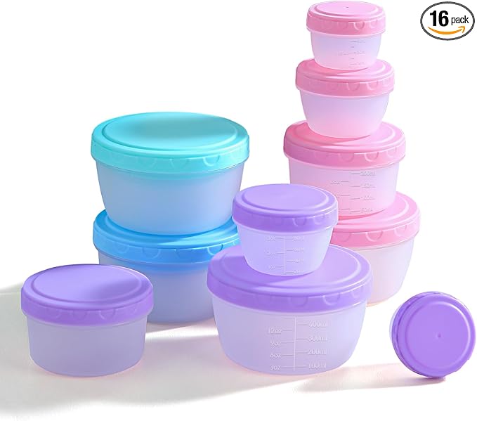 16PCS Food Storage Containers with Lids, Reusable Plastic Containers for Snack and Puree, Salad Dressing Container to Go, Deli Containers, Freezer Condiment Containers, Dishwasher Safe