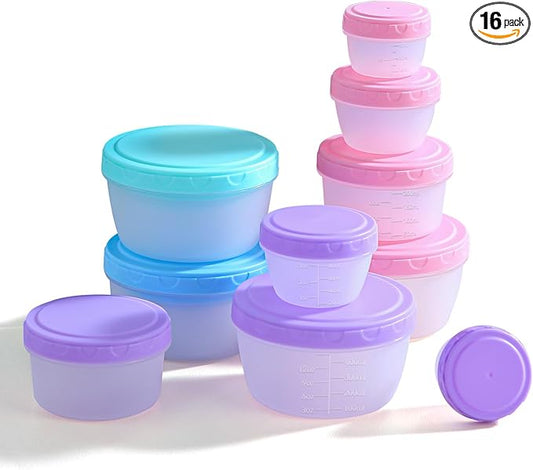 16PCS Food Storage Containers with Lids, Reusable Plastic Containers for Snack and Puree, Salad Dressing Container to Go, Deli Containers, Freezer Condiment Containers, Dishwasher Safe