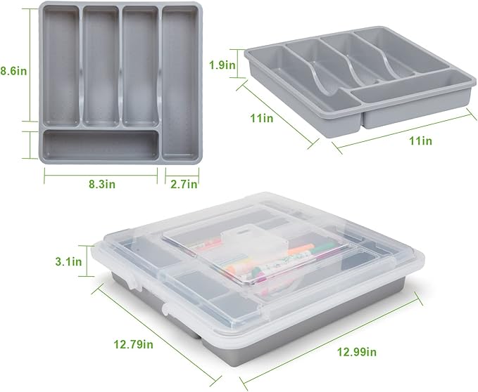 Silverware Organizer with Cover, Portable Cutlery Holder Flatware Tray with Lid Plastic Silverware Storage Box 5 Compartments for Kitchen Drawer (grey)