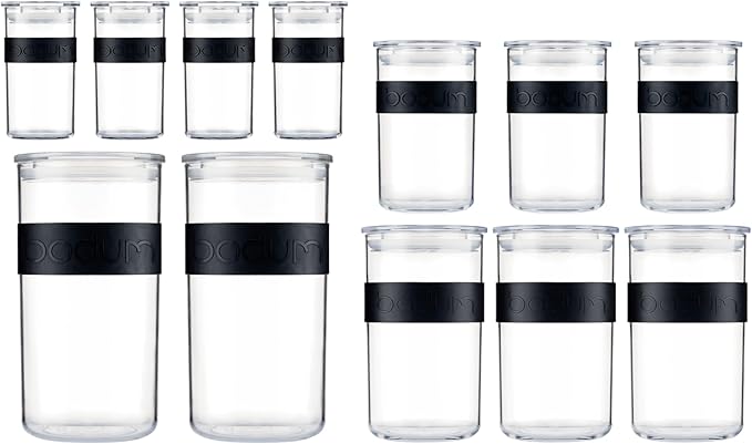 Bodum Presso Storage Container Jars for Food, Pasta, Cereal, Flour, Coffee, Snacks, and More, BPA-Free Plastic w/Airtight Silicone Seal, 12pc Set - Black