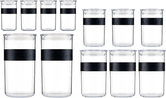 Bodum Presso Storage Container Jars for Food, Pasta, Cereal, Flour, Coffee, Snacks, and More, BPA-Free Plastic w/Airtight Silicone Seal, 12pc Set - Black