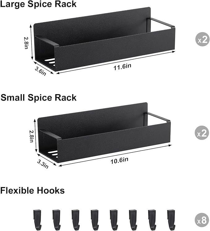 Homaxy Magnetic Spice Rack for Refrigerator，Fridge Organizer for Kitchen Organization and Storage, 4 Pack (Black) Metal Shelf with 8 Moveable Hooks